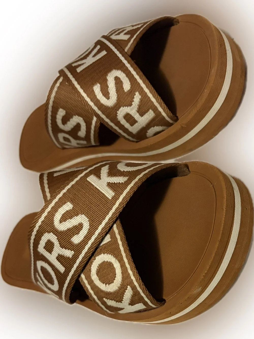 Michael Kors Brown and White Logo Crossband Slide Sandals
